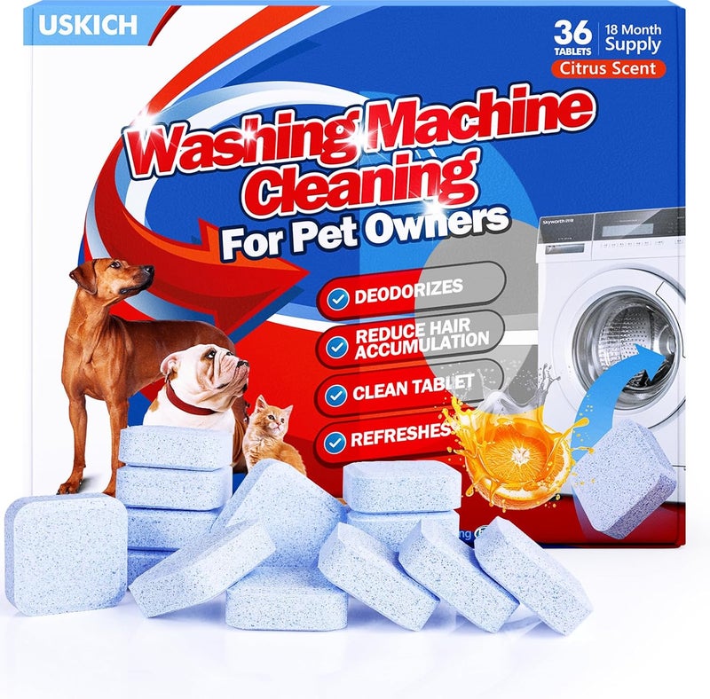 USKICH Washing Machine Cleaner-36Pack-18 Month Supply,Washer Machine Cleaner Tablets Formulated For Pet Owners,Easy Pet Hair Remover for Laundry,Compatible with HE, Top & Front Load Washer.Septic Safe - Image 1